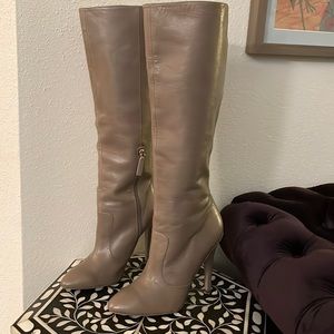 Nine West Braidyn knee high taupe heeled boots.